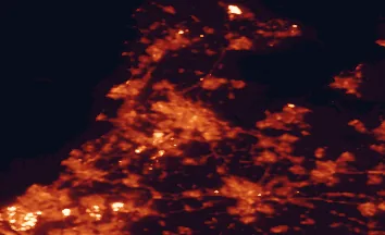 Satellite night-light map of the 50 km around Amsterdam, with Utrecht, Zaanstad and Haarlem marked
