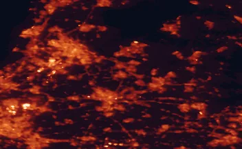 Satellite night-light map of the 50 km around Hilversum, with Amsterdam, Utrecht and Almere Stad marked
