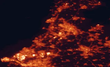 Satellite night-light map of the 50 km around Hoofddorp, with Amsterdam, Rotterdam and Haarlem marked