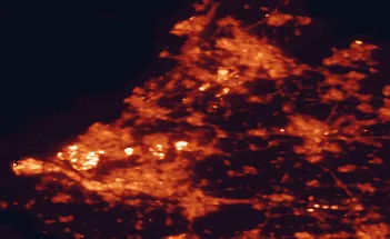Satellite night-light map of the 50 km around Alphen aan den Rijn, with Rotterdam, Amsterdam and Utrecht marked