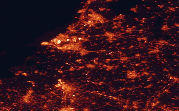 Satellite night-light map of the 100 km around De Biesbosch National Park, with Rotterdam, Amsterdam and Antwerp marked