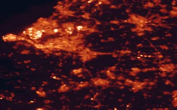 Satellite night-light map of the 50 km around Dordrecht, with Rotterdam, Utrecht and Breda marked