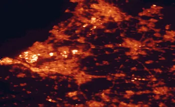 Satellite night-light map of the 50 km around Gouda, with Rotterdam, Amsterdam and Utrecht marked