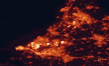 Satellite night-light map of the 50 km around Leiden, with Rotterdam, Amsterdam and Utrecht marked