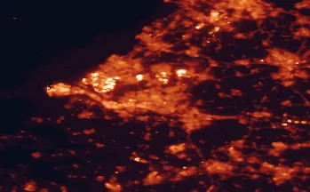 Satellite night-light map of the 50 km around Rotterdam, with Utrecht, Schiedam and Zoetermeer marked