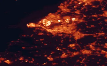 Satellite night-light map of the 50 km around Spijkenisse, with Rotterdam, Vlaardingen and Schiedam marked