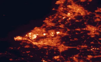Satellite night-light map of the 50 km around Zoetermeer, with Rotterdam, Amsterdam and Utrecht marked