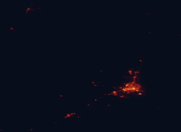 Satellite night-light map of the 100 km around Oxford Forest Conservation Area, with Christchurch, Rolleston and Rangiora marked