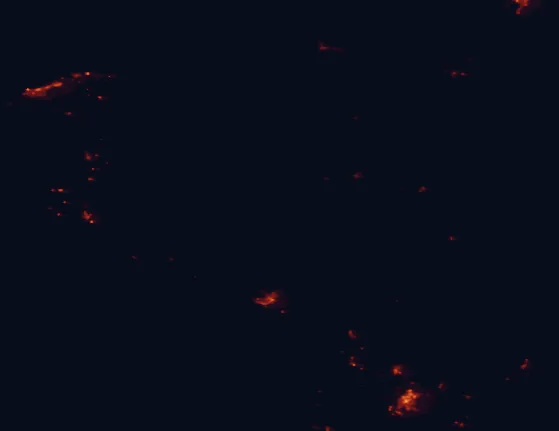 Satellite night-light map of the 100 km around Whanganui National Park, with Whanganui, Palmerston North and New Plymouth marked