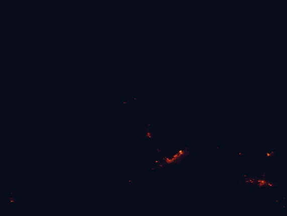 Satellite night-light map of the 100 km around Abel Tasman National Park, with Nelson, Stoke and Richmond marked