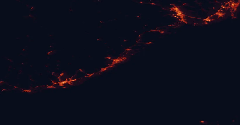 Satellite night-light map of the 100 km around Raet National Park, with Kristiansand, Grimstad and Sandefjord marked