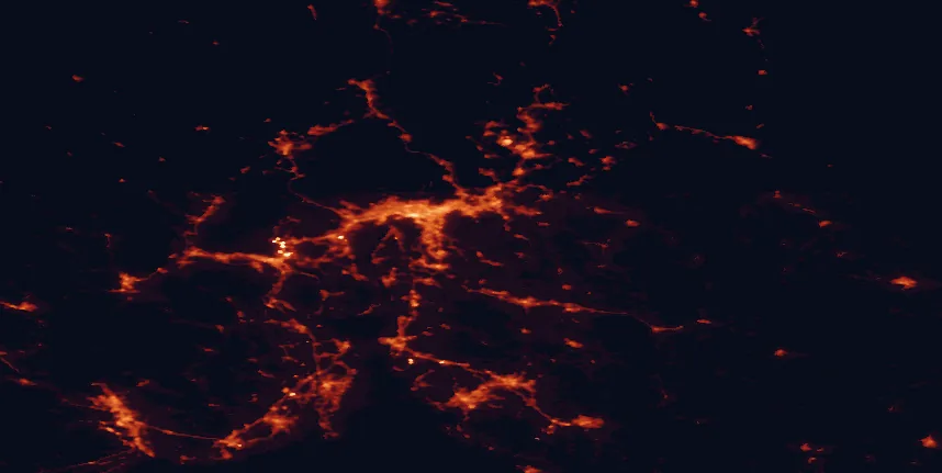 Satellite night-light map of the 100 km around Østmarka National Park, with Oslo, Lillestrøm and Drammen marked