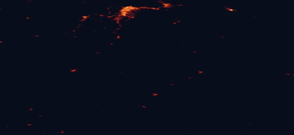 Satellite night-light map of the 100 km around Forollhogna National Park, with Trondheim, Stjørdalshalsen and Stjørdal marked
