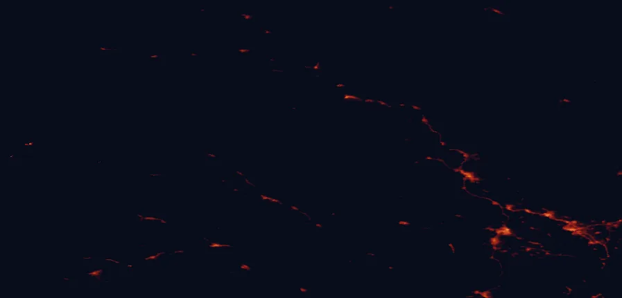 Satellite night-light map of the 100 km around Langsua National Park, with Lillehammer, Hamar and Gjøvik marked
