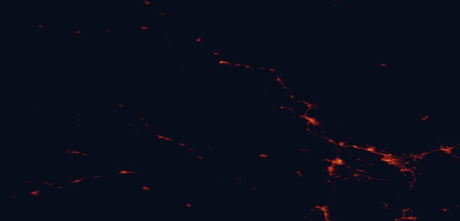 Satellite night-light map of the 100 km around Ormtjernkampen National Park, with Lillehammer, Hamar and Gjøvik marked