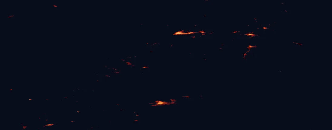 Satellite night-light map of the 100 km around Láhko National Park, with Bodø and Mo i Rana marked
