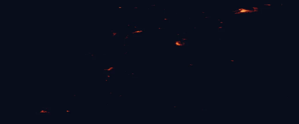 Satellite night-light map of the 100 km around Lomsdal-Visten National Park, with Mosjøen and Mo i Rana marked