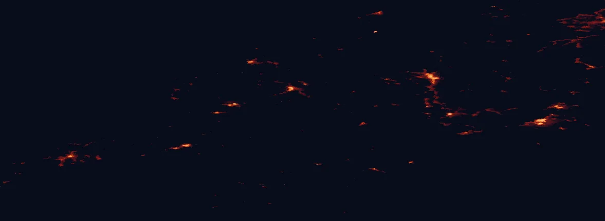 Satellite night-light map of the 100 km around Møysalen National Park, with Harstad, Sortland and Narvik marked