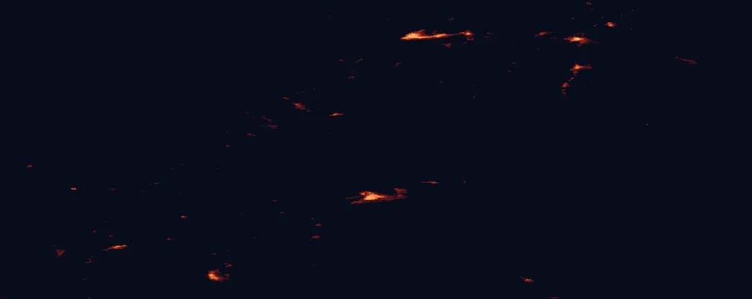 Satellite night-light map of the 100 km around Saltfjellet-Svartisen National Park, with Mo i Rana, Bodø and Mosjøen marked