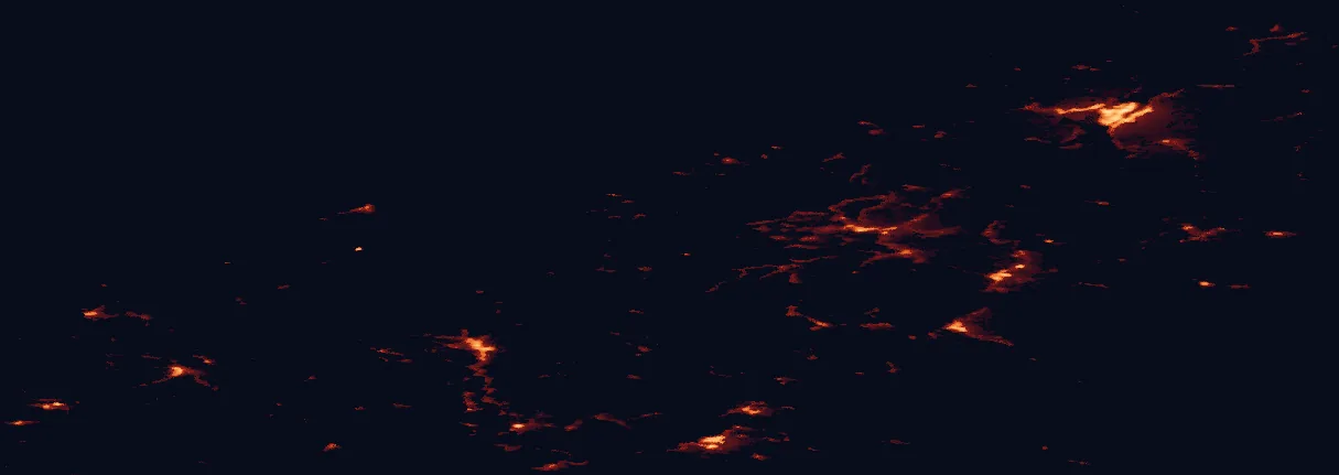 Satellite night-light map of the 100 km around Ånderdalen National Park, with Tromsø, Harstad and Lenvik marked