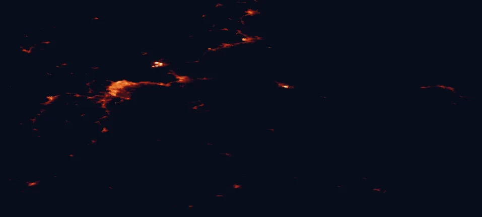 Satellite night-light map of the 100 km around Skarvan and Roltdalen National Park, with Trondheim, Stjørdalshalsen and Levanger marked