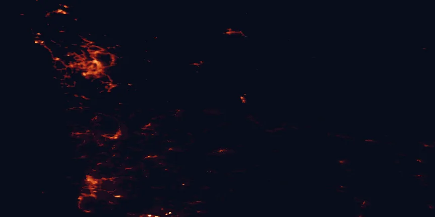 Satellite night-light map of the 100 km around Folgefonna National Park, with Bergen, Nesttun and Åsane marked