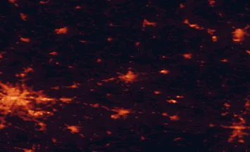 Satellite night-light map of the 50 km around Gniezno, with Poznań, Konin and Inowrocław marked