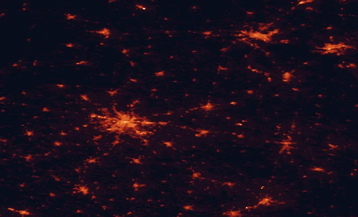 Satellite night-light map of the 100 km around Lednica Landscape Park, with Poznań, Bydgoszcz and Gniezno marked