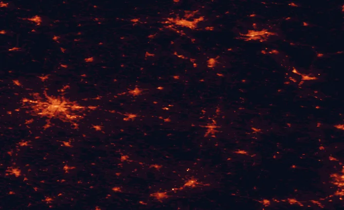 Satellite night-light map of the 100 km around Powidz Landscape Park, with Poznań, Bydgoszcz and Toruń marked