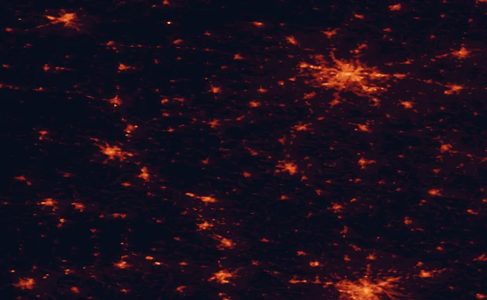 Satellite night-light map of the 100 km around Przemęt Landscape Park, with Poznań, Wrocław and Zielona Góra marked
