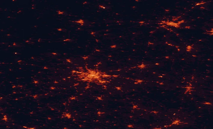 Satellite night-light map of the 100 km around Puszcza Zielonka Landscape Park, with Poznań, Bydgoszcz and Gniezno marked