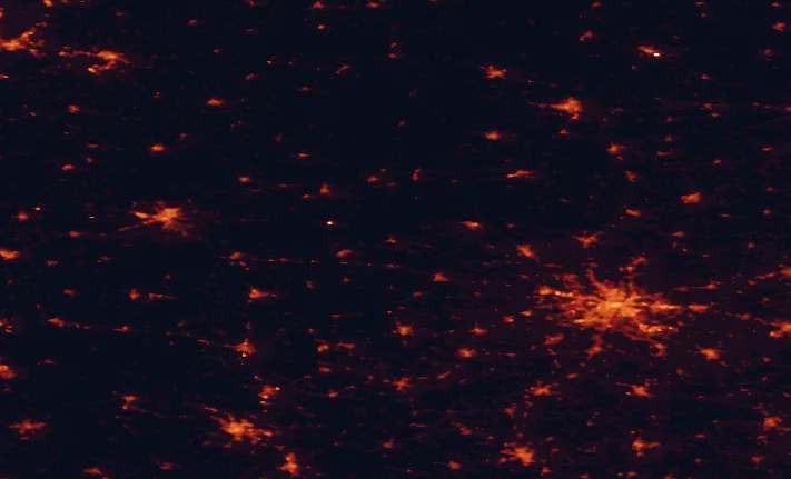 Satellite night-light map of the 100 km around Sieraków Landscape Park, with Poznań, Gorzów Wielkopolski and Zielona Góra marked