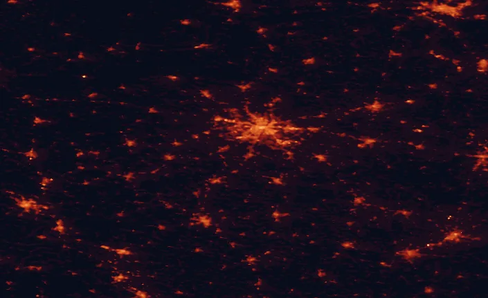 Satellite night-light map of the 100 km around Wielkopolska National Park, with Poznań, Bydgoszcz and Zielona Góra marked