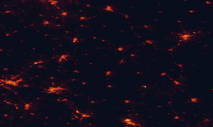 Satellite night-light map of the 100 km around Brodnica Landscape Park, with Bydgoszcz, Toruń and Olsztyn marked