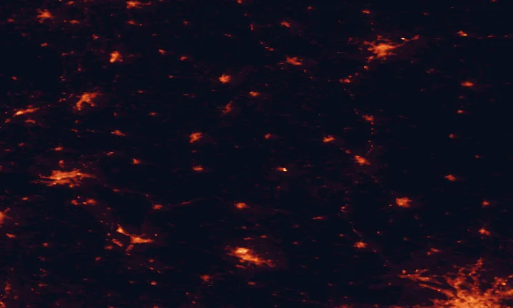Satellite night-light map of the 100 km around Górzno-Lidzbark Landscape Park, with Toruń, Olsztyn and Płock marked