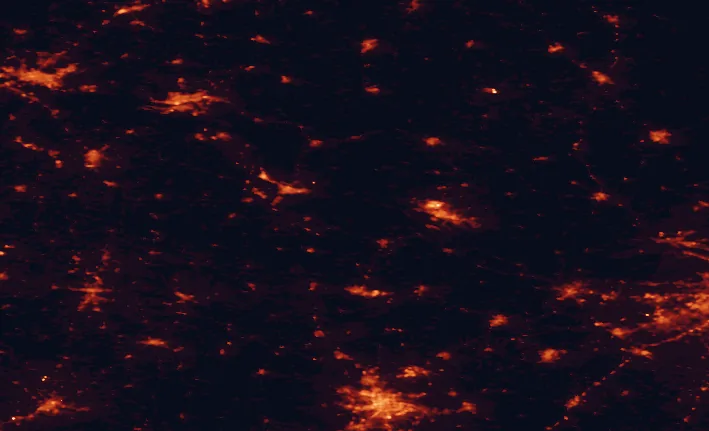 Satellite night-light map of the 100 km around Gostynin-Włocławek Landscape Park, with Łódź, Płock and Włocławek marked