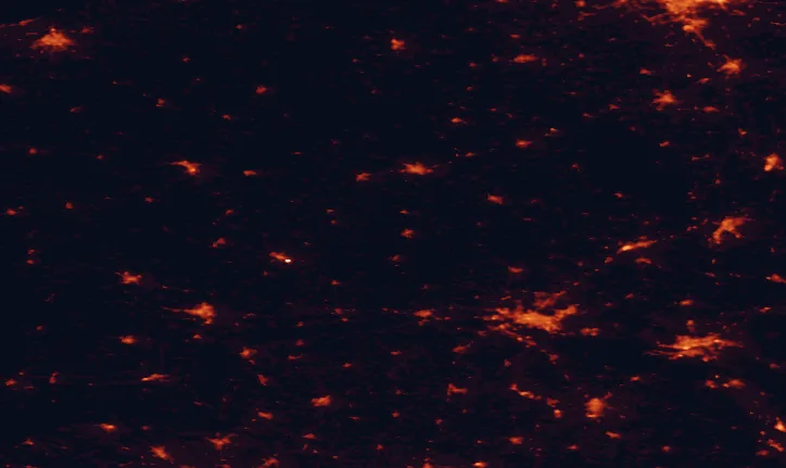 Satellite night-light map of the 100 km around Krajna Landscape Park, with Bydgoszcz, Toruń and Piła marked