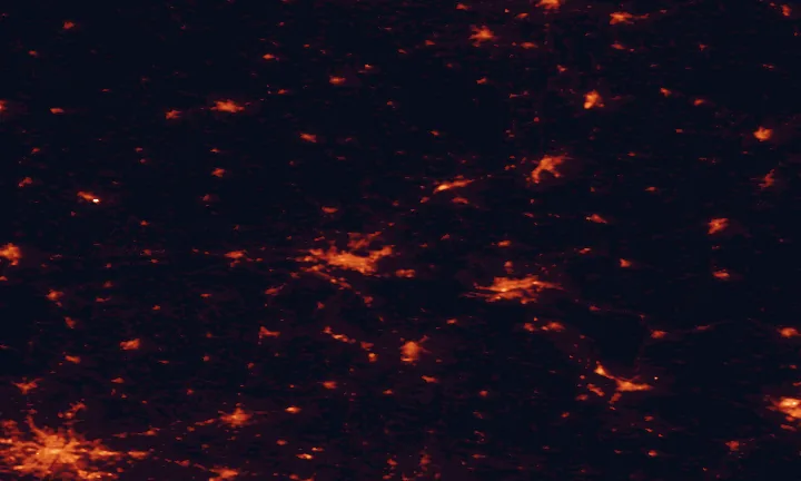Satellite night-light map of the 100 km around Vistula Landscape Park, with Bydgoszcz, Toruń and Poznań marked