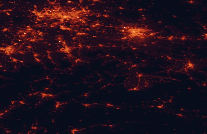 Satellite night-light map of the 100 km around Babia Góra National Park, with Kraków, Katowice and Bielsko-Biala marked