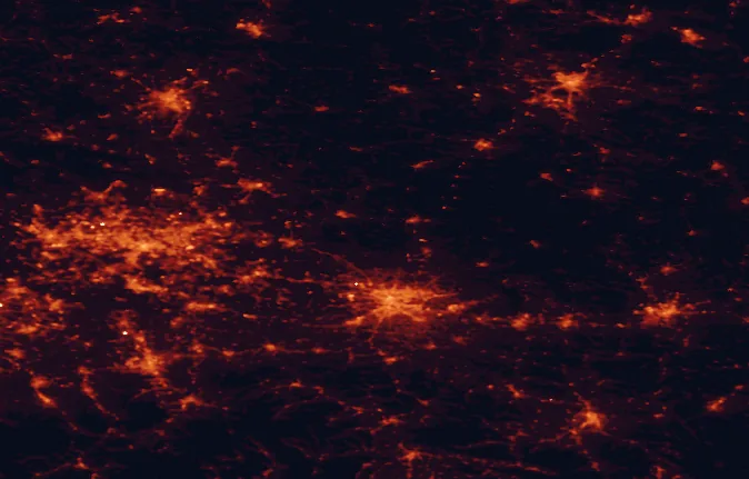 Satellite night-light map of the 100 km around Dłubnia Landscape Park, with Kraków, Katowice and Sosnowiec marked