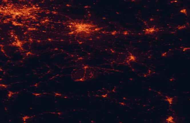 Satellite night-light map of the 100 km around Gorce National Park, with Kraków, Katowice and Sosnowiec marked