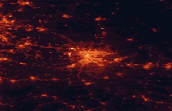 Satellite night-light map of the 50 km around Kraków, with Bieńczyce, Jaworzno and Skawina marked