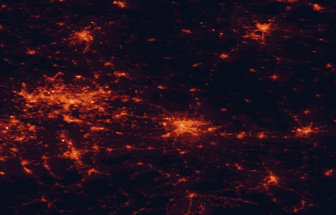 Satellite night-light map of the 100 km around Ojców National Park, with Kraków, Katowice and Sosnowiec marked