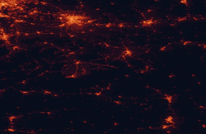 Satellite night-light map of the 100 km around Pieniny National Park (Poland), with Kraków, Košice and Nowy Sącz marked