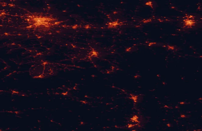 Satellite night-light map of the 100 km around Poprad Landscape Park, with Kraków, Košice and Nowy Sącz marked