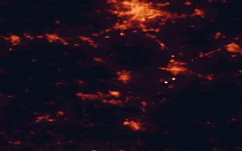 Satellite night-light map of the 50 km around Bełchatów, with Łódź, Piotrków Trybunalski and Pabianice marked