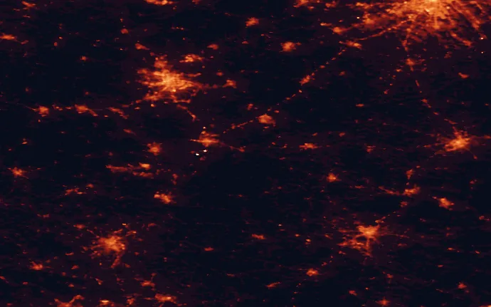 Satellite night-light map of the 100 km around Sulejów Landscape Park, with Łódź, Częstochowa and Piotrków Trybunalski marked