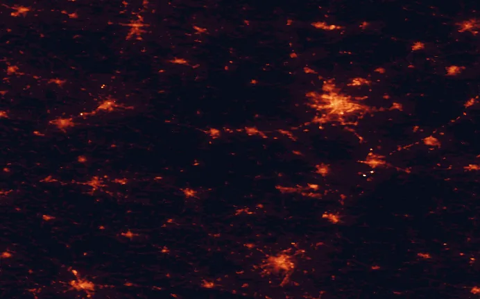 Satellite night-light map of the 100 km around Warta-Widawka Landscape Park, with Łódź, Częstochowa and Zduńska Wola marked