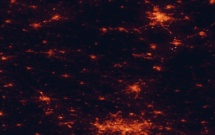 Satellite night-light map of the 100 km around Załęcze Landscape Park, with Łódź, Częstochowa and Katowice marked