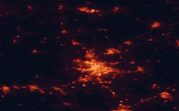 Satellite night-light map of the 50 km around Zgierz, with Łódź, Pabianice and Aleksandrów Łódzki marked